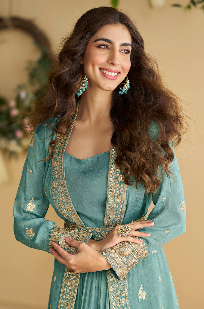 Teal Blue Designer Embroidered Party Wear Shrug Style Gown with Belt-Saira's Boutique
