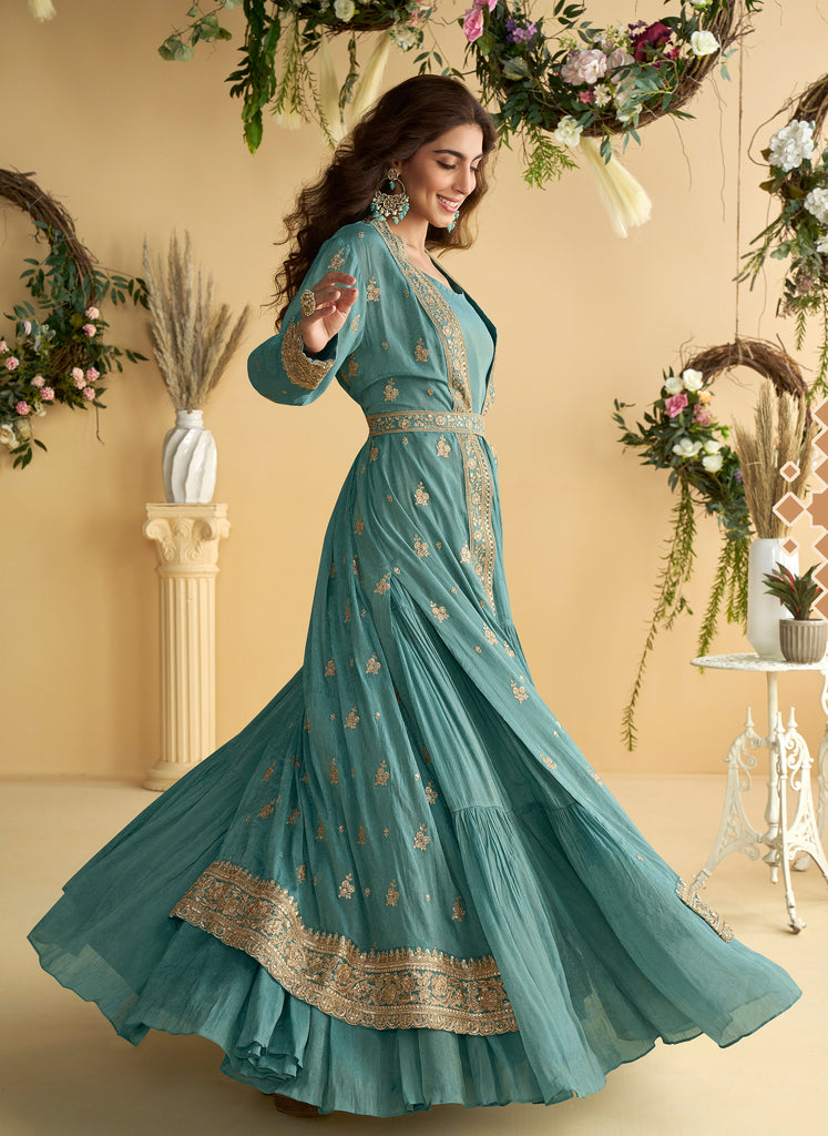 Teal Blue Designer Embroidered Party Wear Shrug Style Gown with Belt-Saira's Boutique