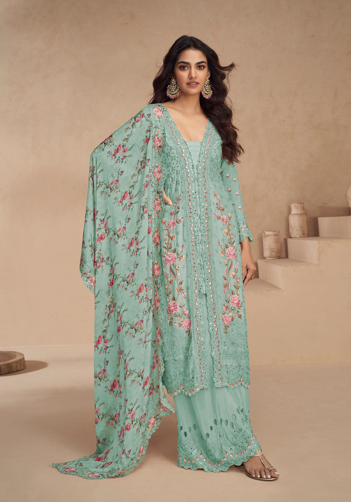 Winter Green Designer Embroidered Chinon Silk Party Wear Palazzo Suit-Saira's Boutique