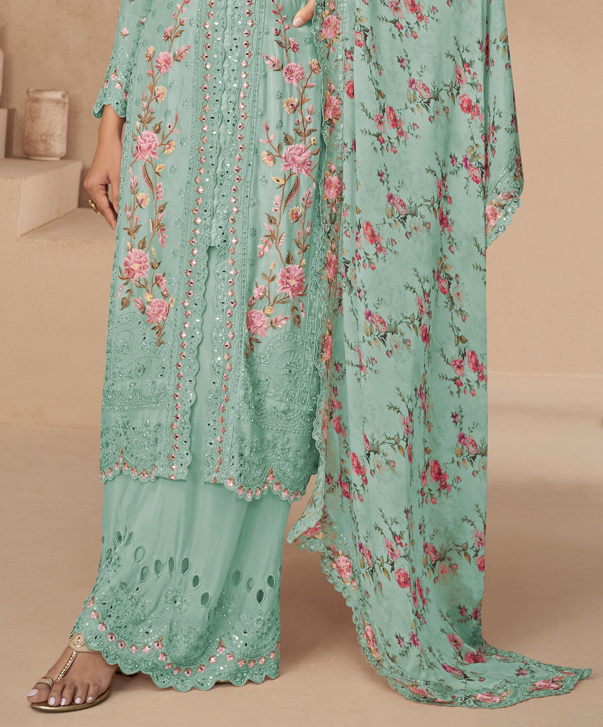 Winter Green Designer Embroidered Chinon Silk Party Wear Palazzo Suit-Saira's Boutique