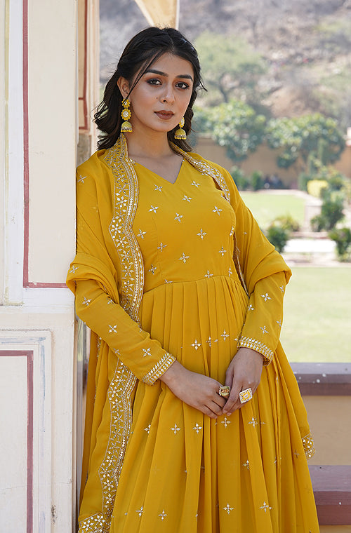 Yellow Designer Embroidered Faux Georgette Wedding Anarkali Suit-Saira's Boutique