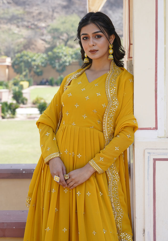 Yellow Designer Embroidered Faux Georgette Wedding Anarkali Suit-Saira's Boutique