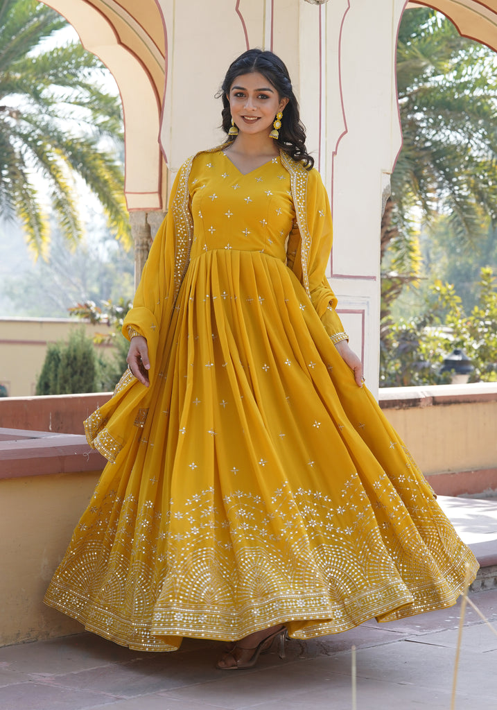 Yellow Designer Embroidered Faux Georgette Wedding Anarkali Suit-Saira's Boutique