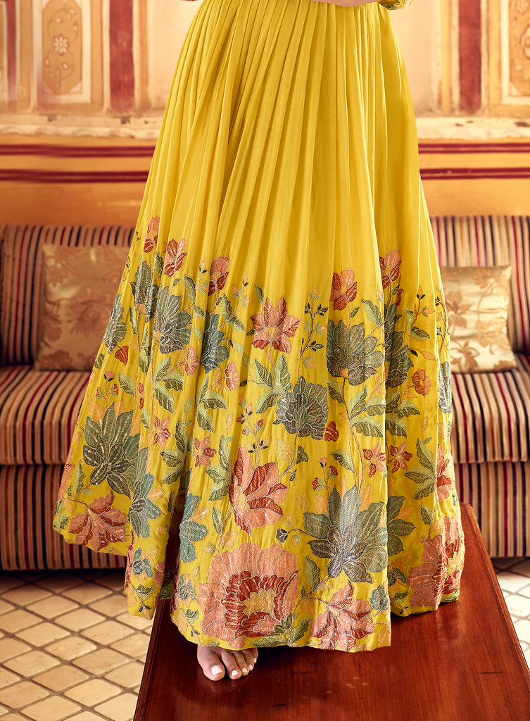 Yellow Designer Embroidered Party Wear Jacket Style Chinon Lehenga-Saira's Boutique