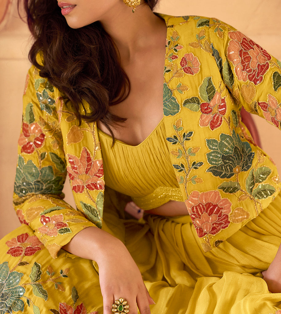 Yellow Designer Embroidered Party Wear Jacket Style Chinon Lehenga-Saira's Boutique