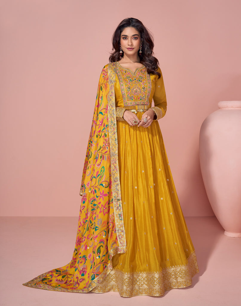 Yellow Designer Embroidered Premium Chinon Silk Anarkali Gown-Saira's Boutique