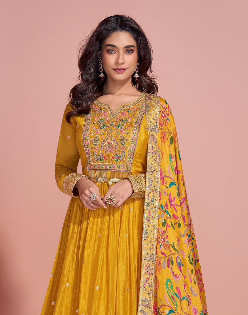 Yellow Designer Embroidered Premium Chinon Silk Anarkali Gown-Saira's Boutique