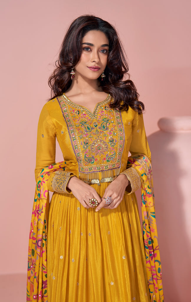 Yellow Designer Embroidered Premium Chinon Silk Anarkali Gown-Saira's Boutique