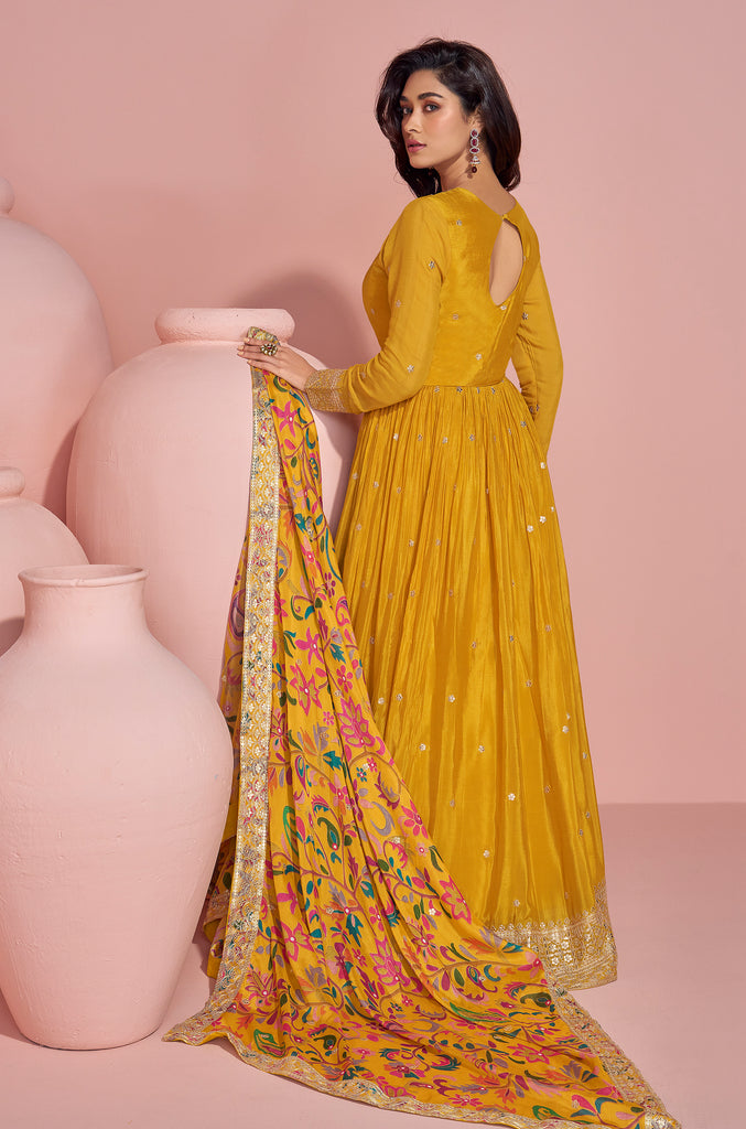 Yellow Designer Embroidered Premium Chinon Silk Anarkali Gown-Saira's Boutique