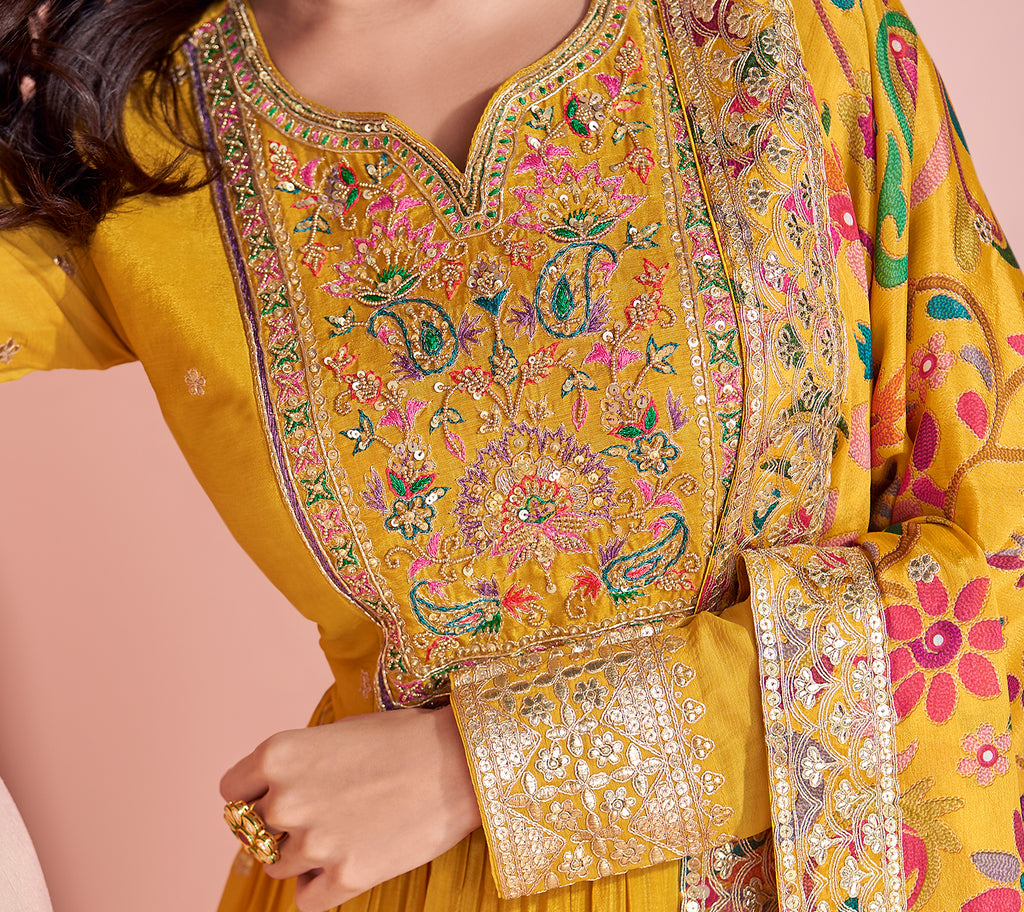 Yellow Designer Embroidered Premium Chinon Silk Anarkali Gown-Saira's Boutique