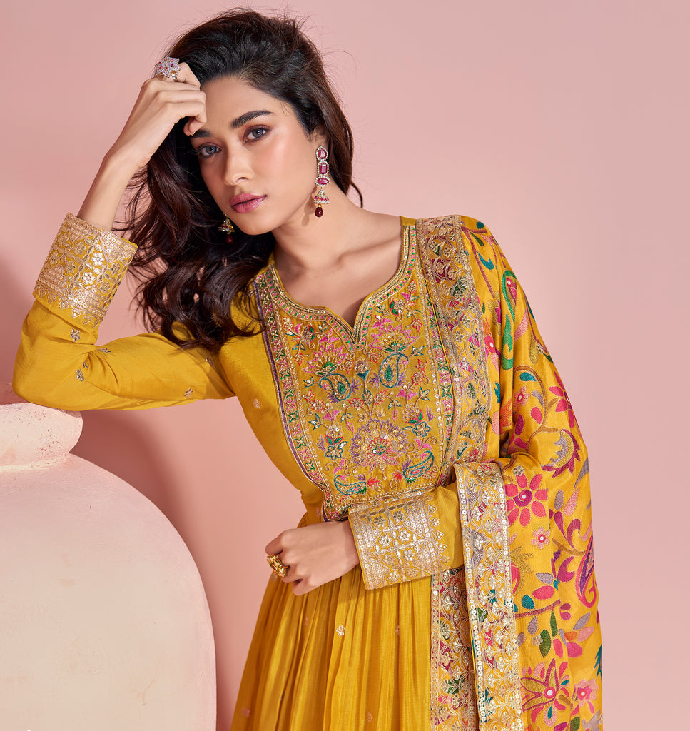 Yellow Designer Embroidered Premium Chinon Silk Anarkali Gown-Saira's Boutique