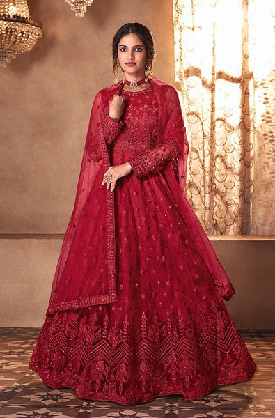 Red colour anarkali on sale suit