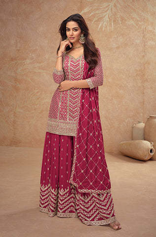 Mauve Designer Embroidered Silk Party Wear Sharara Suit