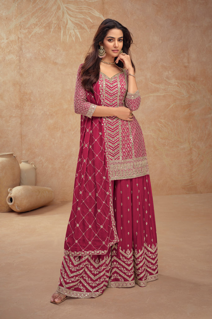 Berry Pink Designer Embroidered Wedding Sharara Suit-Saira's Boutique