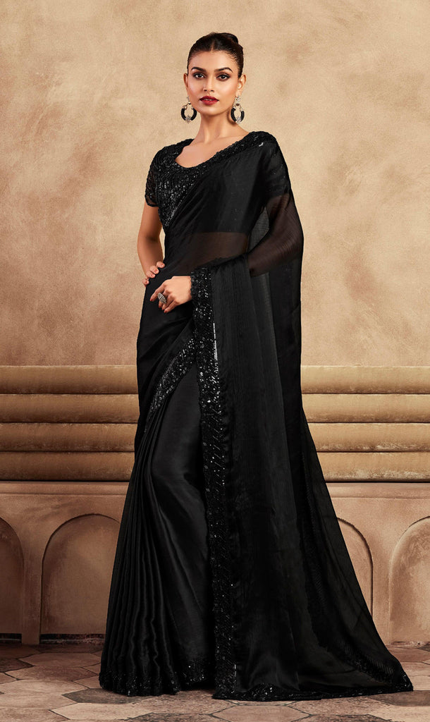 Black Designer Embroidered Chiffon Wedding Party Wear Saree-Saira's Boutique