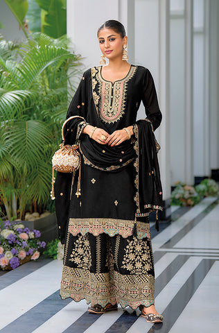 Olive Designer Embroidered Chinon Silk Party Wear Palazzo Suit