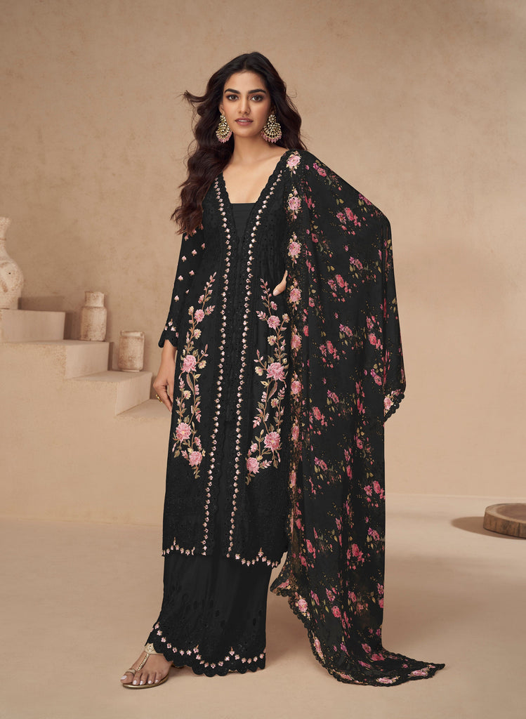 Black Designer Embroidered Chinon Silk Party Wear Palazzo Suit-Saira's Boutique