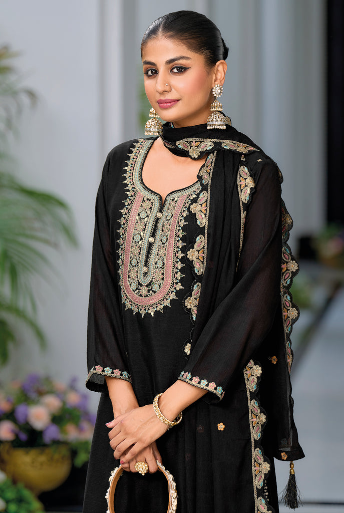 Black Designer Embroidered Chinon Silk Party Wear Palazzo Suit-Saira's Boutique