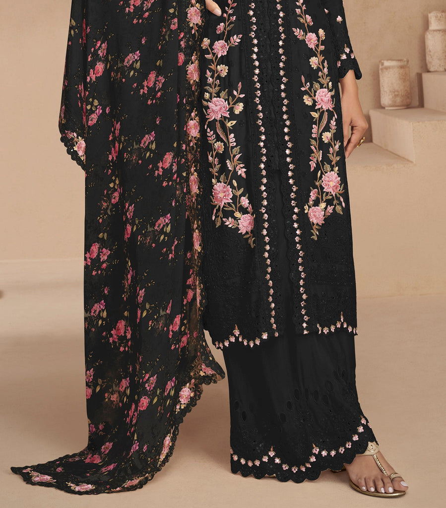 Black Designer Embroidered Chinon Silk Party Wear Palazzo Suit-Saira's Boutique