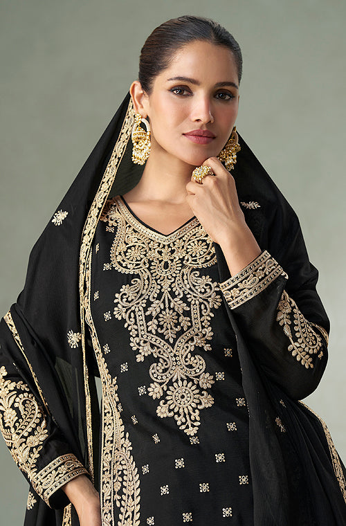 Black Designer Embroidered Chinon Silk Party Wear Palazzo Suit-Saira's Boutique