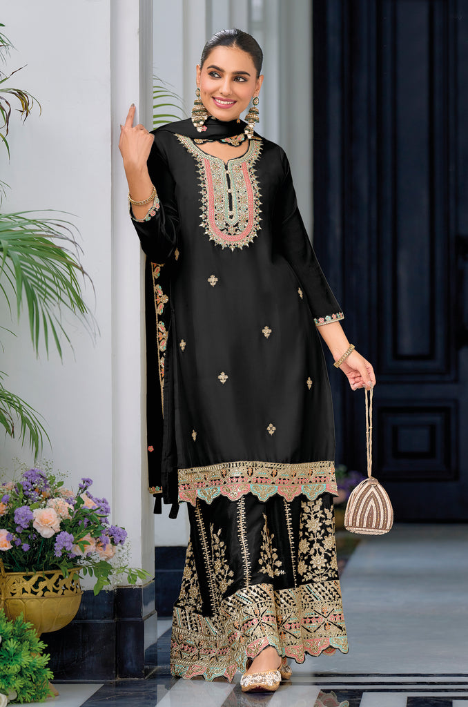 Black Designer Embroidered Chinon Silk Party Wear Palazzo Suit-Saira's Boutique