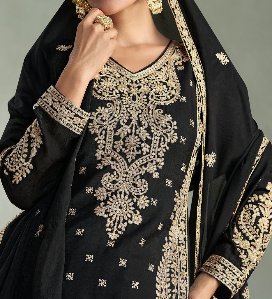 Black Designer Embroidered Chinon Silk Party Wear Palazzo Suit-Saira's Boutique
