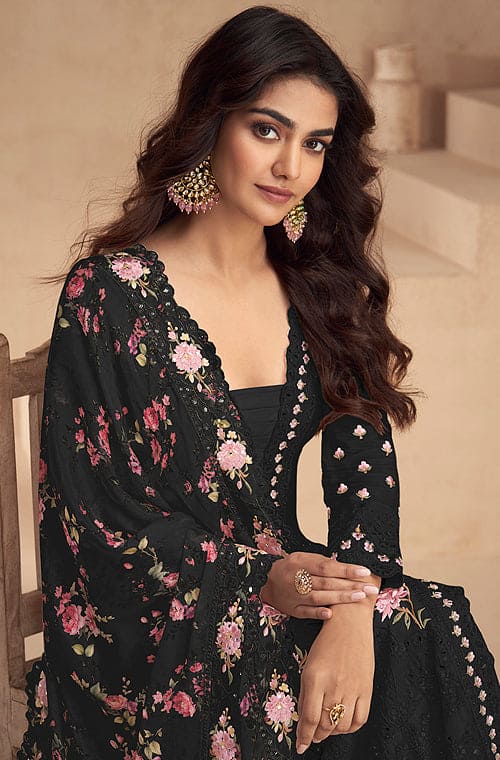 Black Designer Embroidered Chinon Silk Party Wear Palazzo Suit-Saira's Boutique