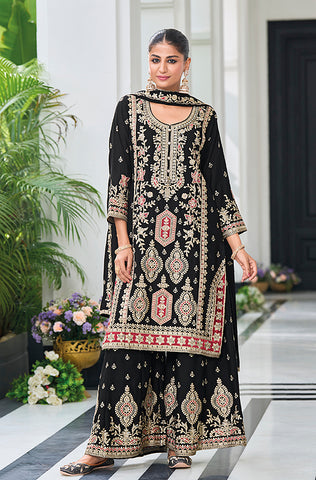 Olive Designer Embroidered Chinon Silk Party Wear Palazzo Suit