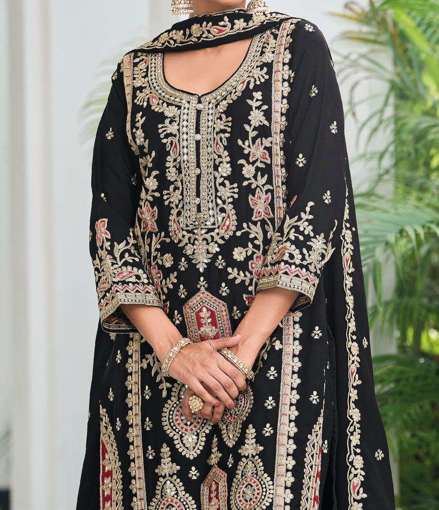 Black Designer Embroidered Chinon Silk Wedding Palazzo Suit-Saira's Boutique