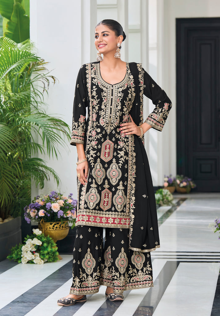 Black Designer Embroidered Chinon Silk Wedding Palazzo Suit-Saira's Boutique