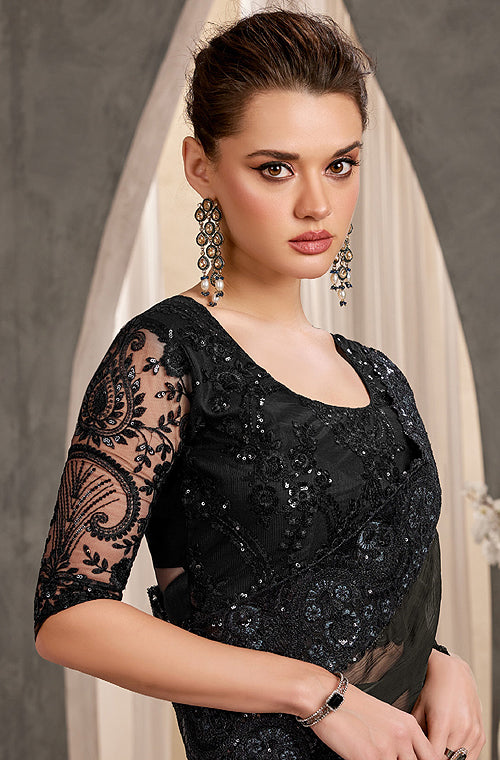 Black Designer Embroidered Crystal Chiffon Party Wear Saree-Saira's Boutique