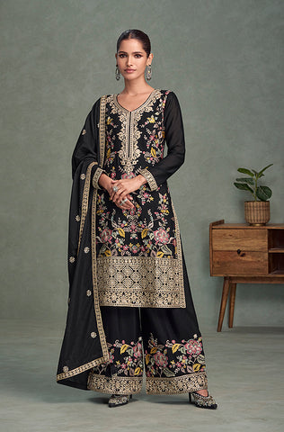 Winter Green Designer Embroidered Chinon Silk Party Wear Palazzo Suit