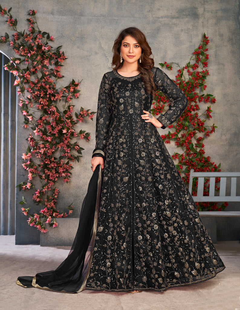Black Designer Heavy Embroidered Net Party Wear Anarkali Gown-Saira's Boutique