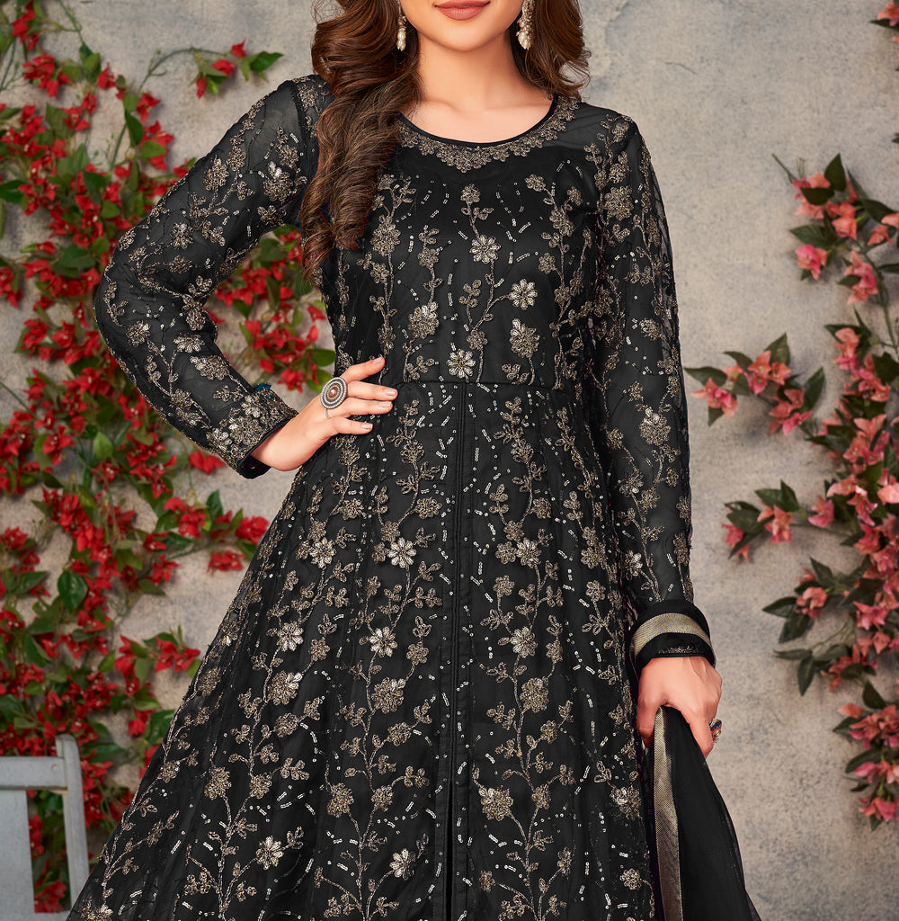 Black Designer Heavy Embroidered Net Party Wear Anarkali Gown-Saira's Boutique