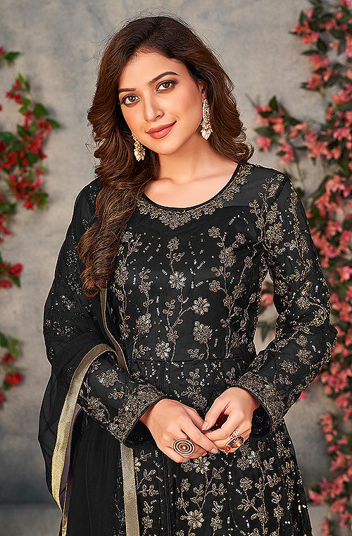 Black Designer Heavy Embroidered Net Party Wear Anarkali Gown-Saira's Boutique