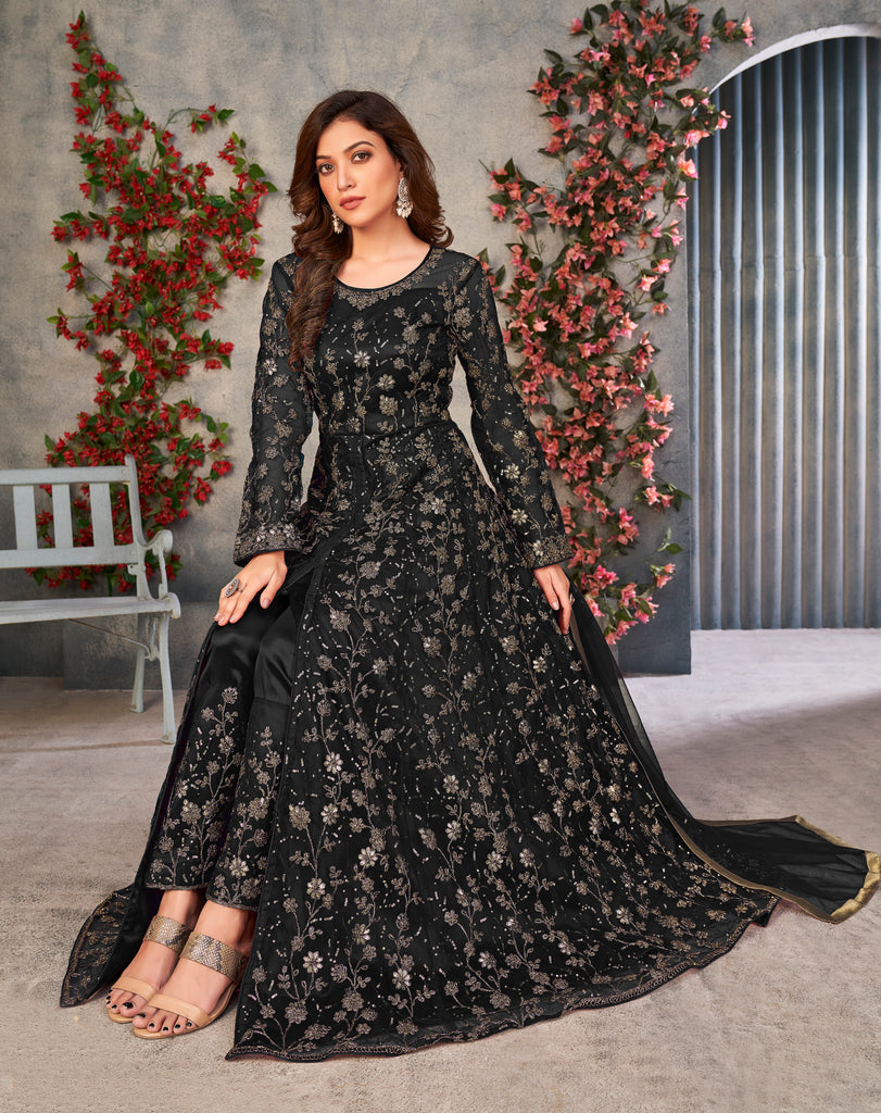 Black Designer Heavy Embroidered Net Party Wear Anarkali Gown-Saira's Boutique