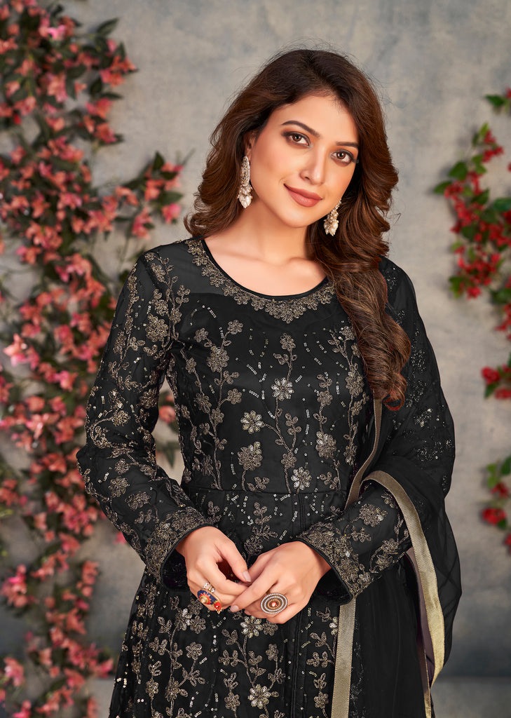 Black Designer Heavy Embroidered Net Party Wear Anarkali Gown-Saira's Boutique