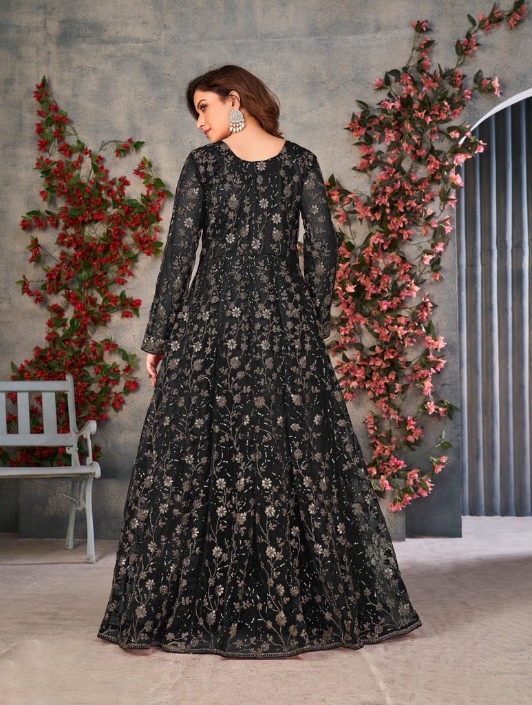 Black Designer Heavy Embroidered Net Party Wear Anarkali Gown-Saira's Boutique