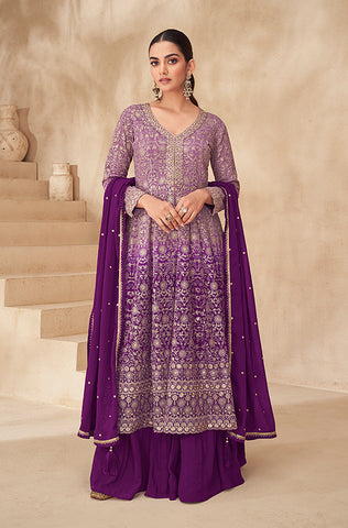 Mauve Designer Embroidered Silk Party Wear Sharara Suit