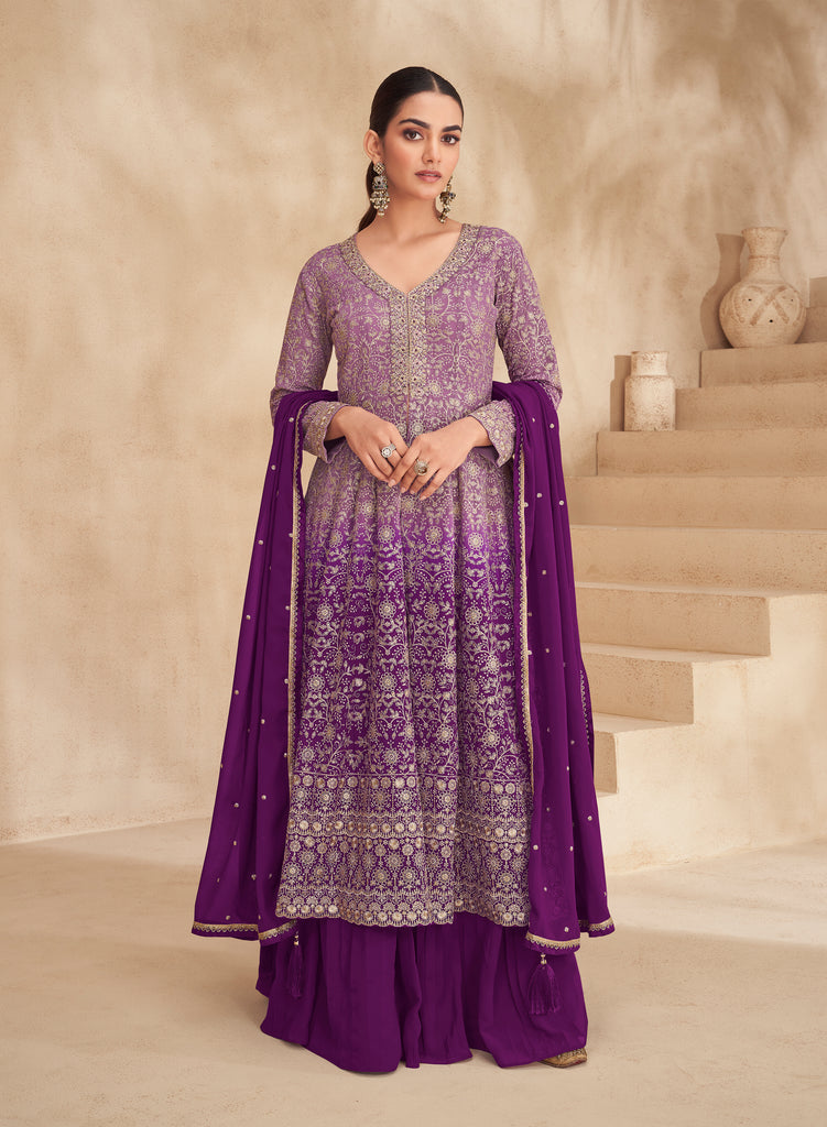 Bright Purple Designer Embroidered Wedding Sharara Suit-Saira's Boutique