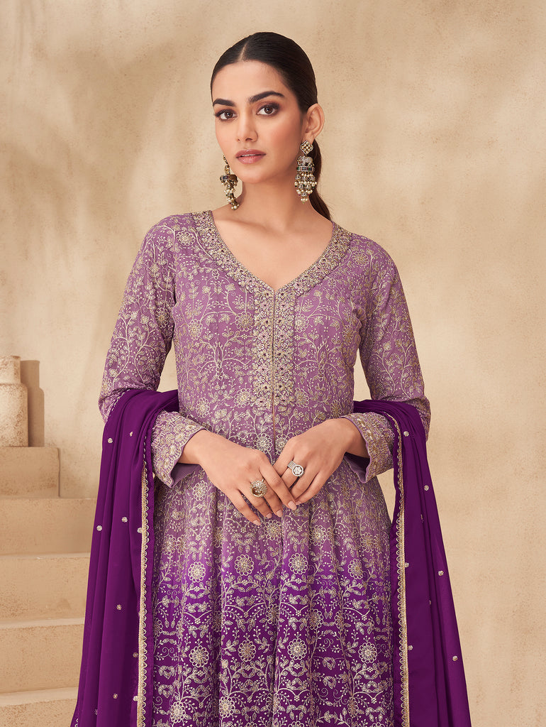 Bright Purple Designer Embroidered Wedding Sharara Suit-Saira's Boutique