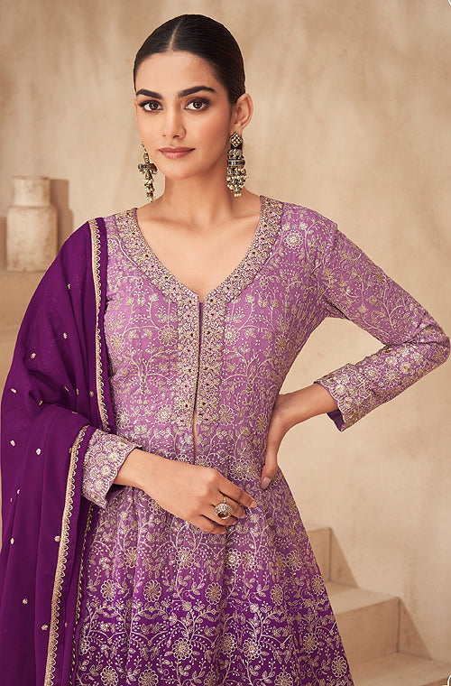 Bright Purple Designer Embroidered Wedding Sharara Suit-Saira's Boutique