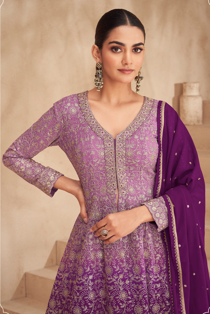 Bright Purple Designer Embroidered Wedding Sharara Suit-Saira's Boutique