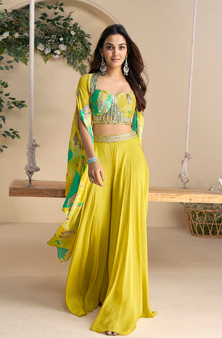 Winter Green Designer Embroidered Chinon Silk Party Wear Palazzo Suit