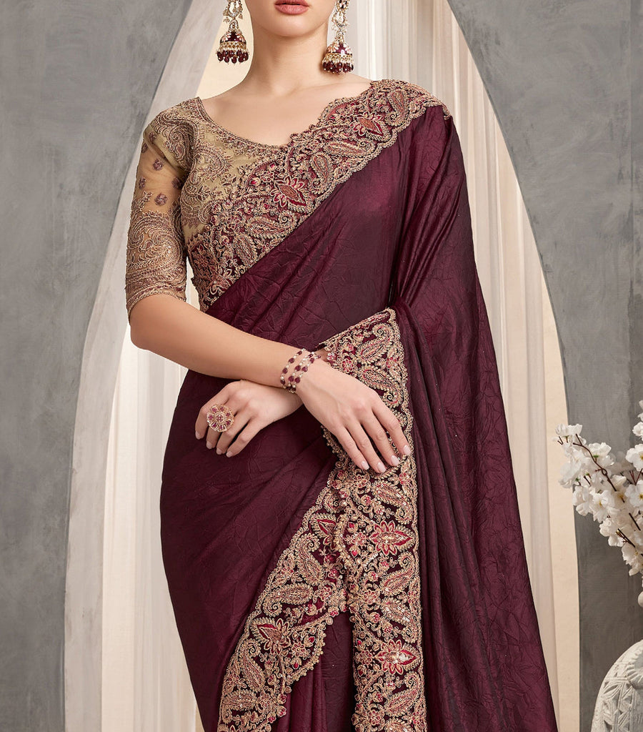 Burgundy & Beige Designer Embroidered Crush Wedding Party Wear Saree-Saira's Boutique