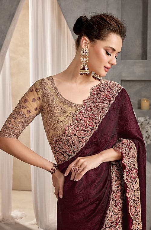 Burgundy & Beige Designer Embroidered Crush Wedding Party Wear Saree-Saira's Boutique