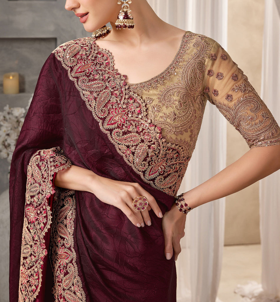 Burgundy & Beige Designer Embroidered Crush Wedding Party Wear Saree-Saira's Boutique