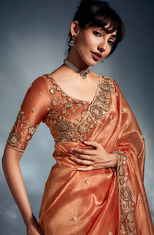 Burnt Orange Designer Embroidered Tissue Organza Wedding Party Wear Saree-Saira's Boutique