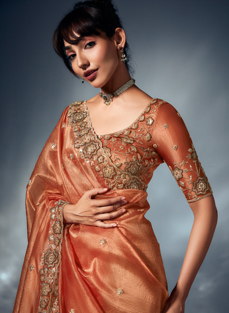 Burnt Orange Designer Embroidered Tissue Organza Wedding Party Wear Saree-Saira's Boutique