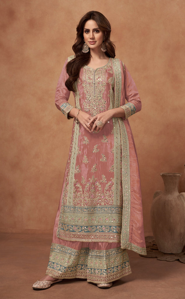 Carnation Pink Designer Embroidered Fancy Silk Party Wear Suit-Saira's Boutique